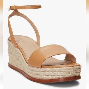 Ralph Lauren | Leona Leather Espadrille Wedge Jute Sandals Buff Tan Size 8